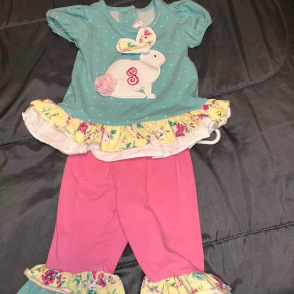 12M, RicRac Ruffles “S” Monogram Bunny Outfit, $20.00